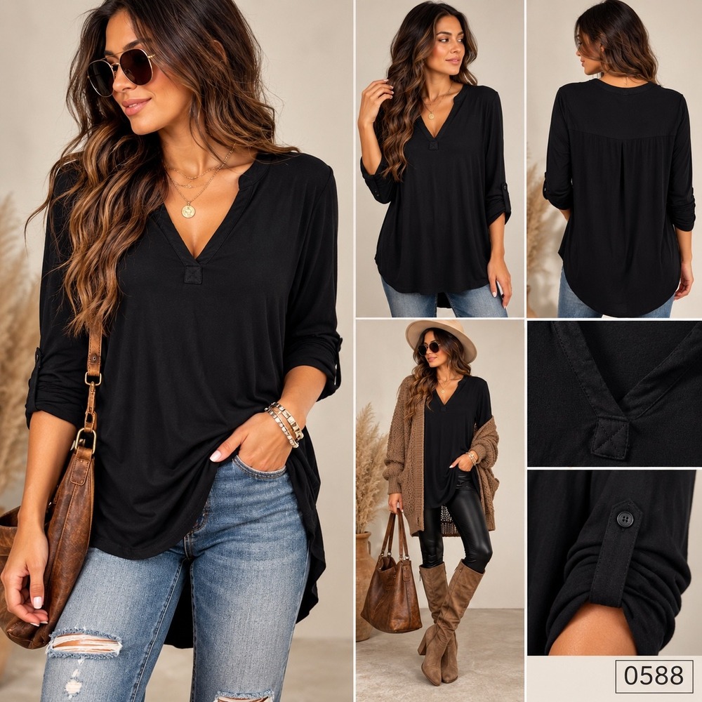 Pleione Black Split Neck High Low Mixed Media Tunic Top WBQ501948 Large 0588